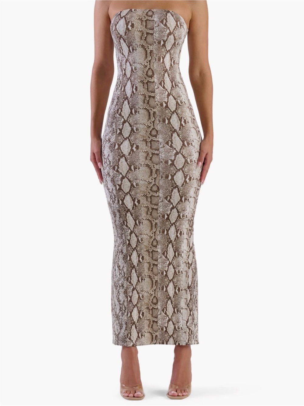 naked wardrobe Strapless Snake-Print Maxi Dress in Taupe/Brown